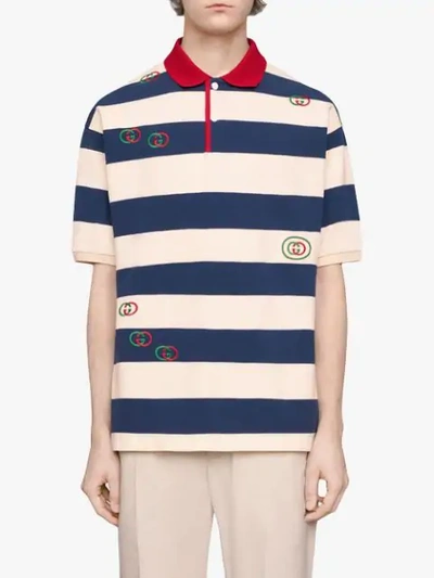 Shop Gucci Embroidered Striped Jersey Polo In Neutrals