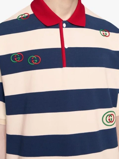 Shop Gucci Embroidered Striped Jersey Polo In Neutrals