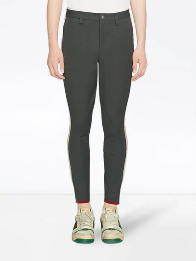 Shop Gucci Gabardine Stretch Pant With  Stripe In Grey