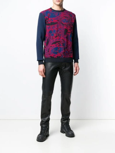 Shop Versace Jacquard Knit Sweater In Blue
