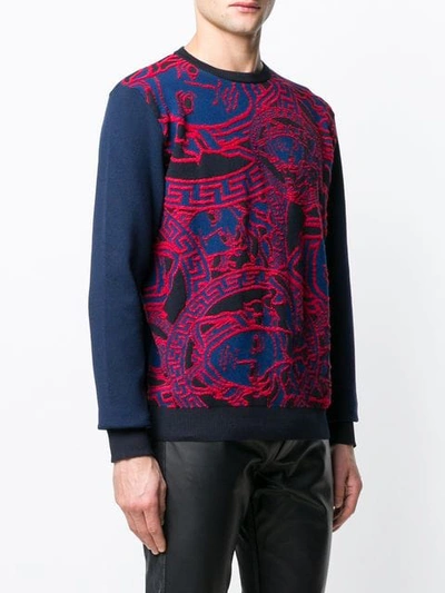 Shop Versace Jacquard Knit Sweater In Blue