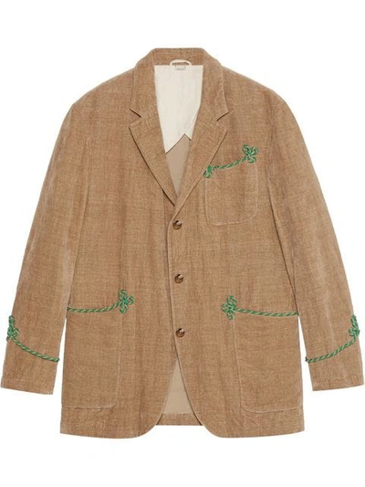 Shop Gucci Velvet Jacket With Embroidery In Neutrals