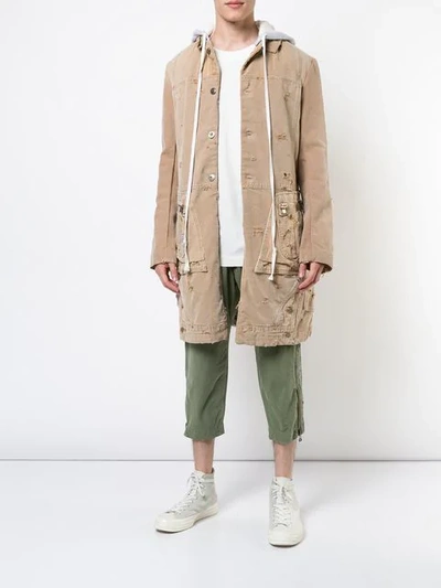 Shop Greg Lauren Hooded Midi Coat In Neutrals