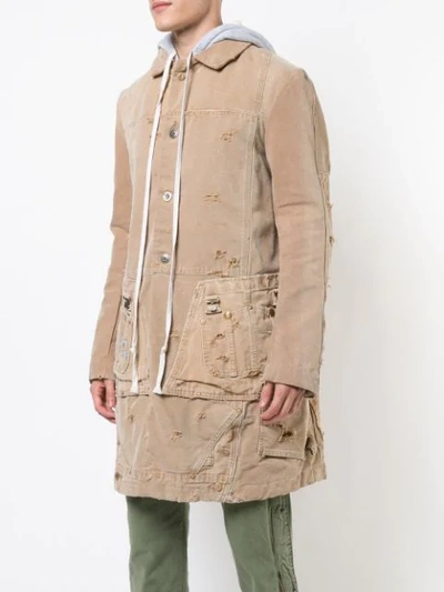 Shop Greg Lauren Hooded Midi Coat In Neutrals