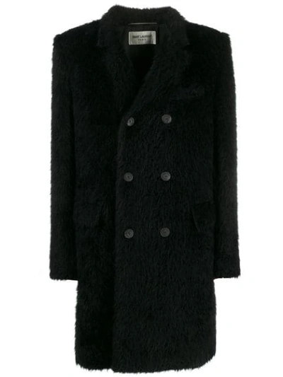 Shop Saint Laurent Furry Double-breasted Coat In Black