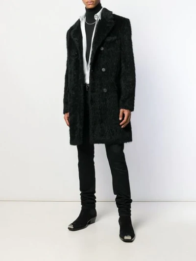 Shop Saint Laurent Furry Double-breasted Coat In Black