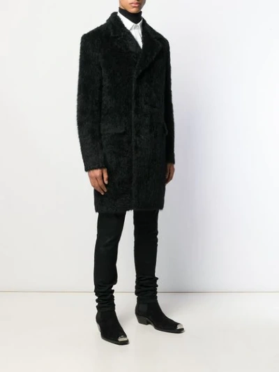 Shop Saint Laurent Furry Double-breasted Coat In Black