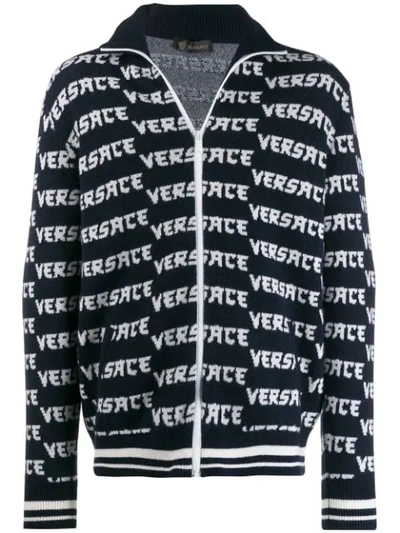 Shop Versace Knitted Logo Sweatshirt In Blue