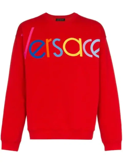 Shop Versace Red Logo Embroidered Jumper