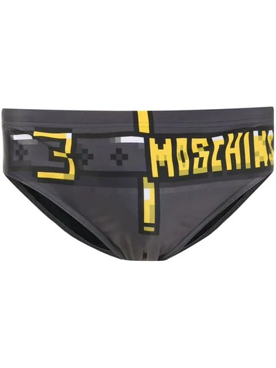 Shop Moschino Pixelated Buckle Swimming Trunks In Grey