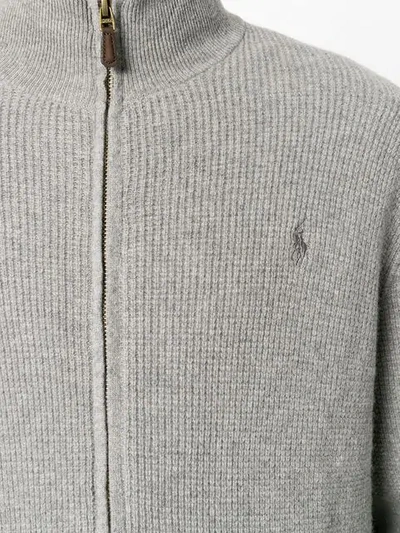 Shop Polo Ralph Lauren Zipped Logo Cardigan In Grey