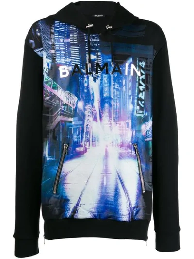 Shop Balmain Skyline Print Hoodie In Black