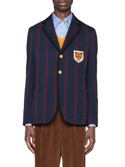 Shop Gucci Striped Cotton Jacket With Patch In Blue