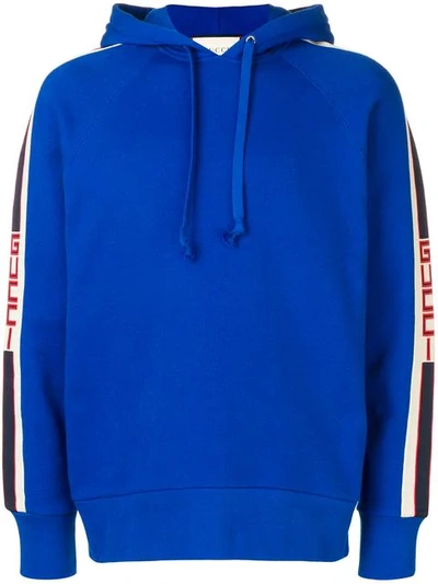 Shop Gucci Logo Stripe Hoodie In Blue