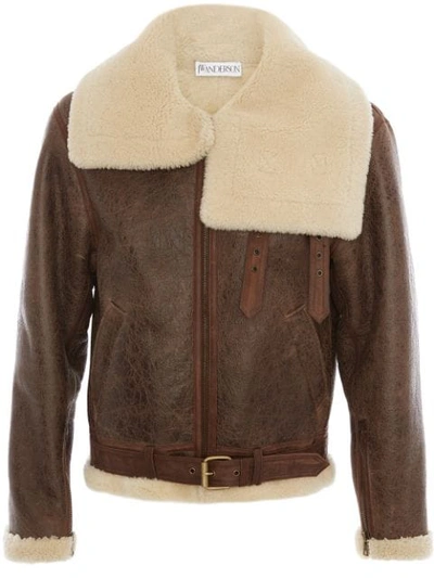 Shop Jw Anderson Shearling Collar Aviator Jacket In Brown