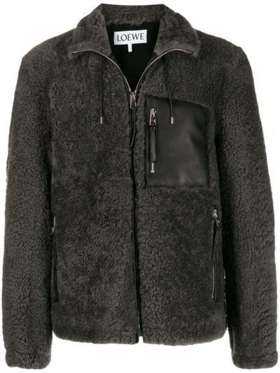 Shop Loewe Zipped Shearling Jacket In Grey