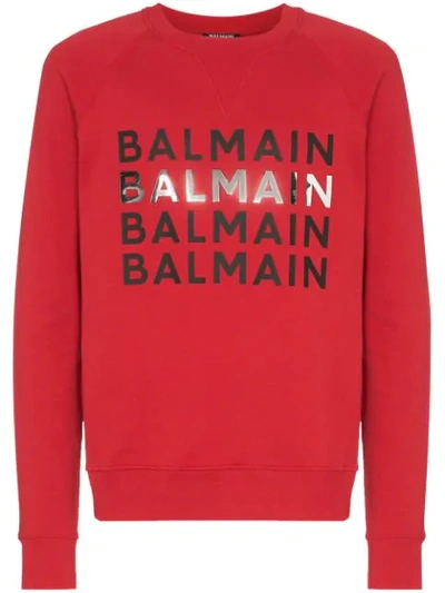 Shop Balmain Logo Print Sweatshirt In Red