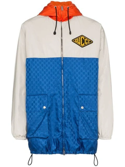 Shop Gucci Gg Jacquard Logo Hooded Jacket In Blue