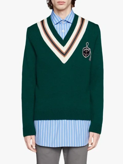 Shop Gucci Wool Sweater With Anchor Crest In Green