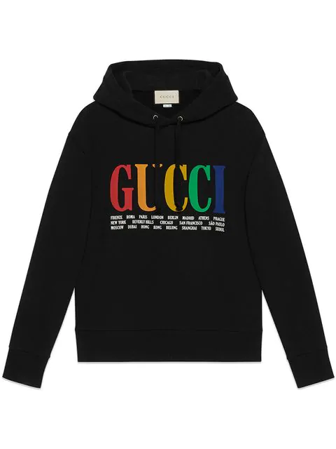 Gucci Rainbow Cities Hooded Sweatshirt In Black Cotton | ModeSens