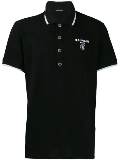 Shop Balmain Logo Print Polo Shirt In Black