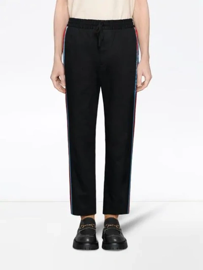 Shop Gucci Drawstring Web Stripe Trousers In Black