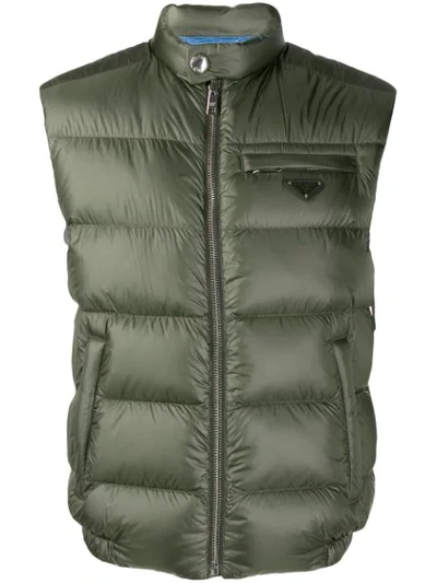 Shop Prada Sleeveless Contrasting Feather Down Lined Vest - Green