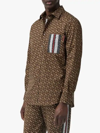 Shop Burberry Monogram Stripe Print Cotton Shirt In Brown