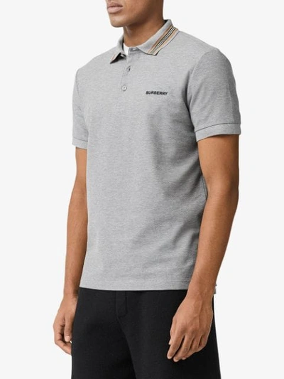 Shop Burberry Icon Stripe Detail Polo Shirt In Grey