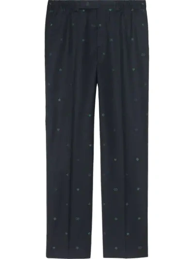 Shop Gucci Symbols Wool Jacquard Pant In Blue