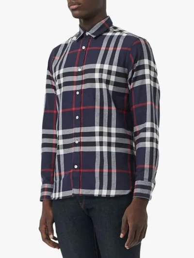 Shop Burberry Check Cotton Flannel Shirt In Navy Ip Check