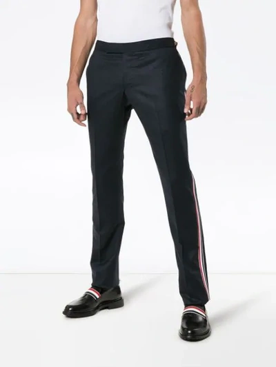 Shop Thom Browne Striped Seam Straight Leg Wool Trousers In Blue