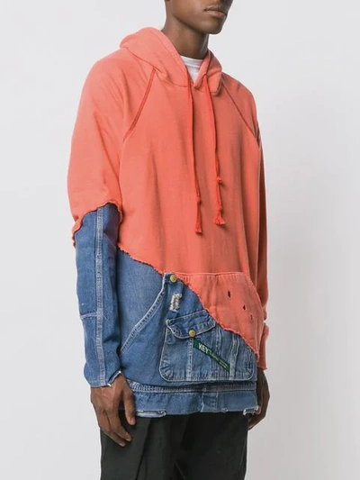 Shop Greg Lauren Fabric And Denim Hoodie - Orange