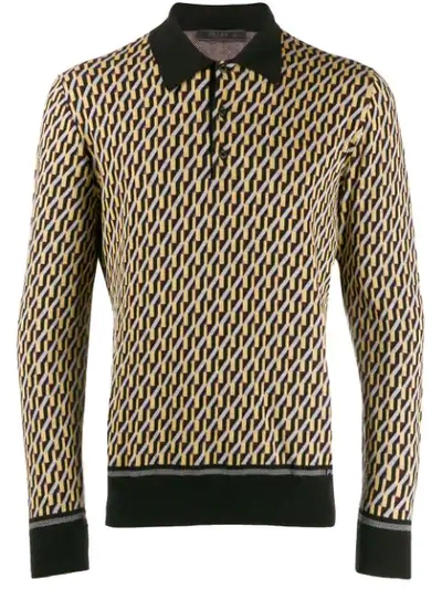 Shop Prada Long-sleeve Intarsia Polo Shirt In F015x Nero + Senape