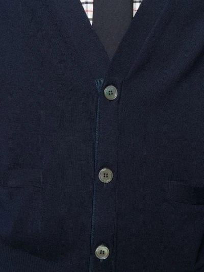 Shop Thom Browne V-neck Cardigan In Mercerized Merino In Blue