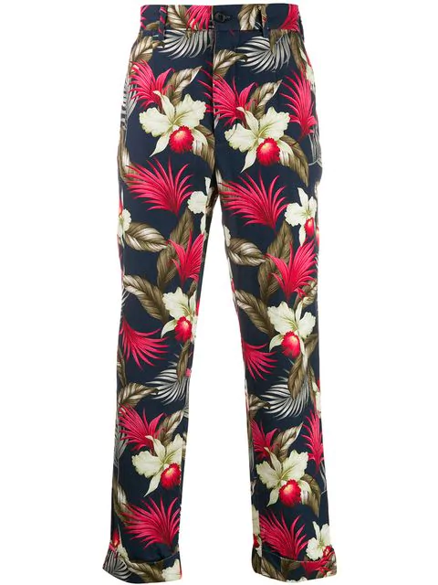 Engineered Garments Floral Print Trousers In Blue | ModeSens