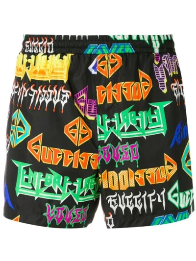 Shop Gucci Metal Logo Print Swim Shorts In Black