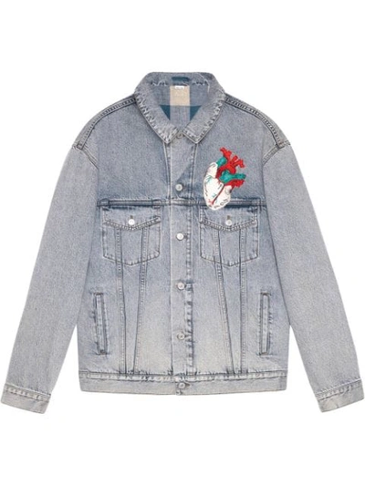 Shop Gucci Embroidered Oversize Denim Jacket In Blue