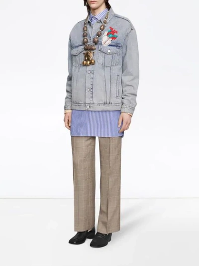 Shop Gucci Embroidered Oversize Denim Jacket In Blue