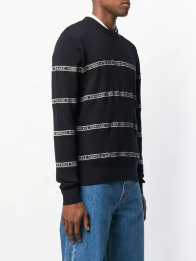 Shop Versace Logo Stripe Jumper In Blue