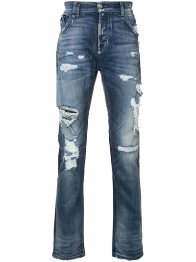 Shop Philipp Plein Distressed Straight-leg Jeans In Blue