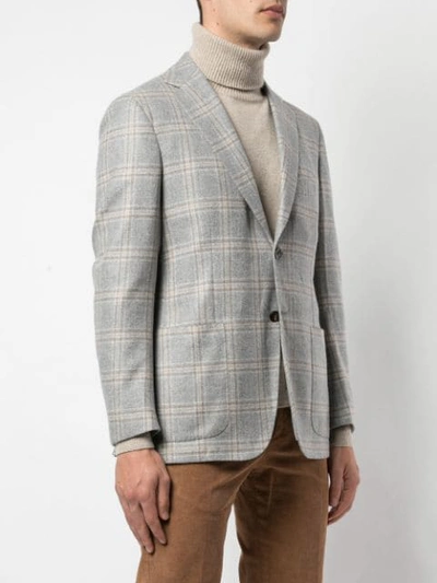 Shop Kiton Windowpane Check Blazer In Grey/camel Windowpane