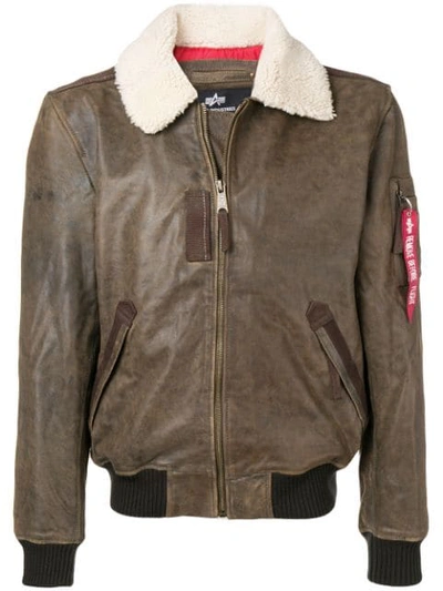 Shop Alpha Industries Shearling Collar Leather Jacket In Brown