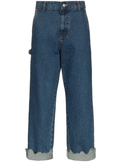 Shop Ader Error Turn Up Torn Hem Cotton Jeans - Blue