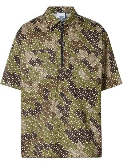 Shop Burberry Short-sleeve Monogram Print Cotton Shirt In Green