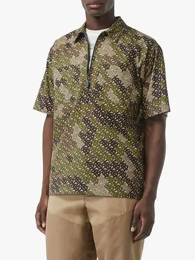 Shop Burberry Short-sleeve Monogram Print Cotton Shirt In Green