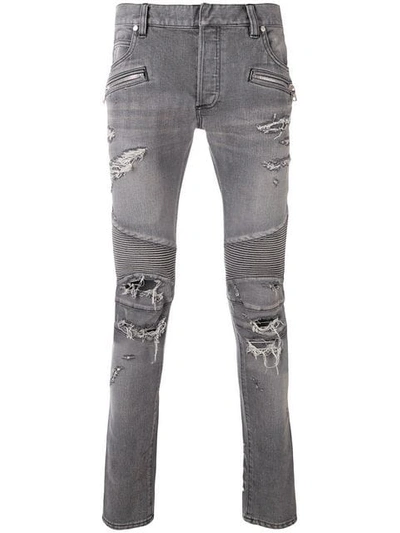Shop Balmain Skinny Distressed Biker Jeans In Grey
