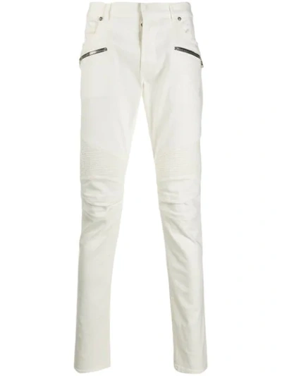 Shop Balmain Ribbed Biker Jeans In White