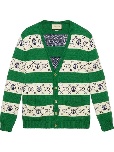 Shop Gucci Gg Lyre Striped Jacquard Cardigan In 3516 Green
