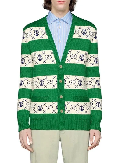 Shop Gucci Gg Lyre Striped Jacquard Cardigan In 3516 Green